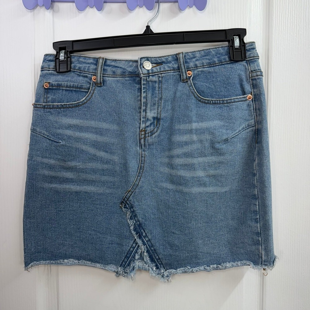 Zaful blue light wash denim distressed hem stretch jeans skirt mini short casual